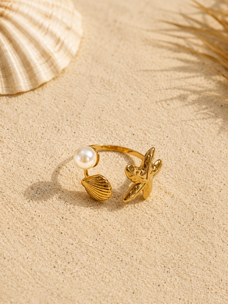Bague coquillages et perle en acier inoxydable doré