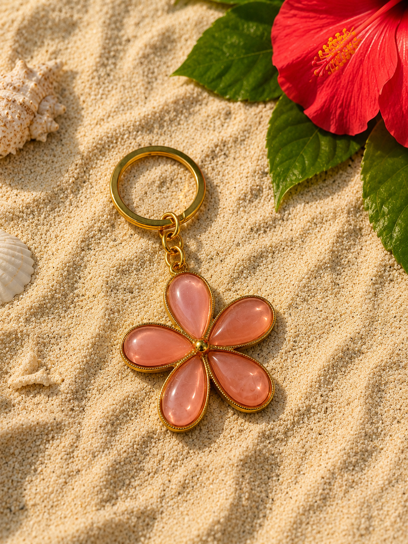 Porte-clés fleur en résine et acier inoxydable