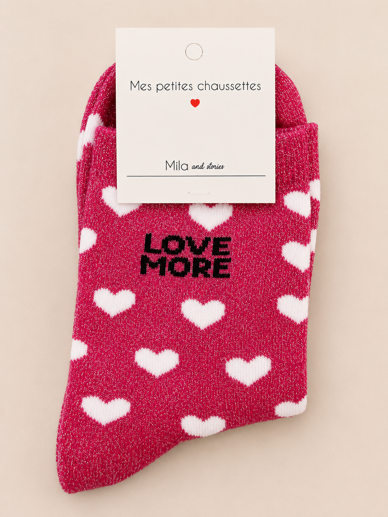 Chaussettes à paillettes « Love more (motifs cœur) » - Rose foncé