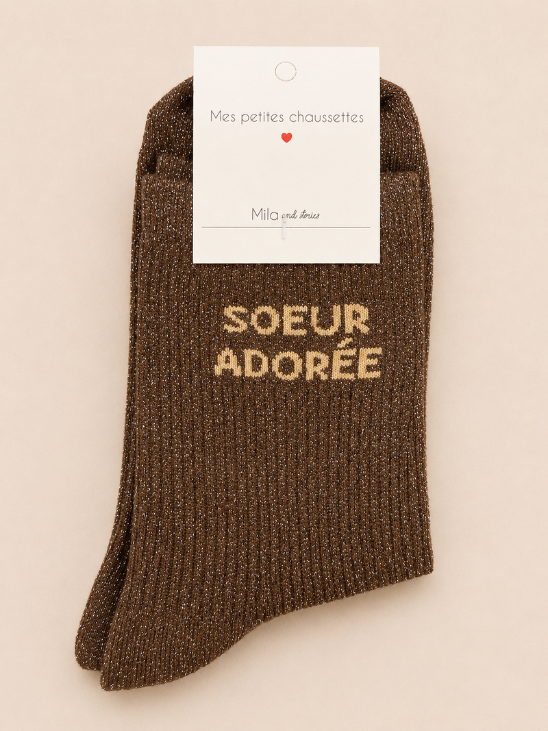 Chaussettes à paillettes « Sœur adorée » - Marron