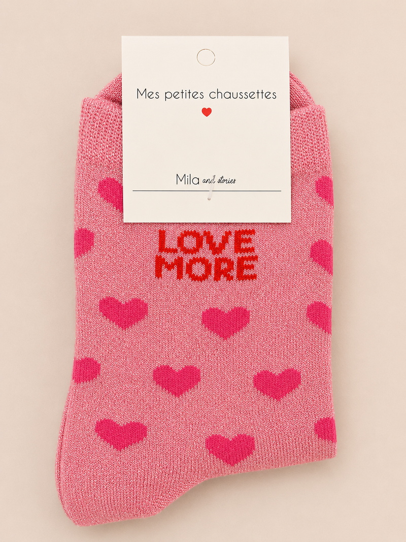 Chaussettes à paillettes « Love more (motifs cœur) » - Rose clair