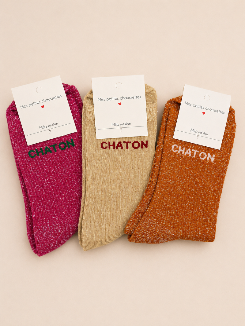 Chaussettes à paillettes « Chaton » - Beige