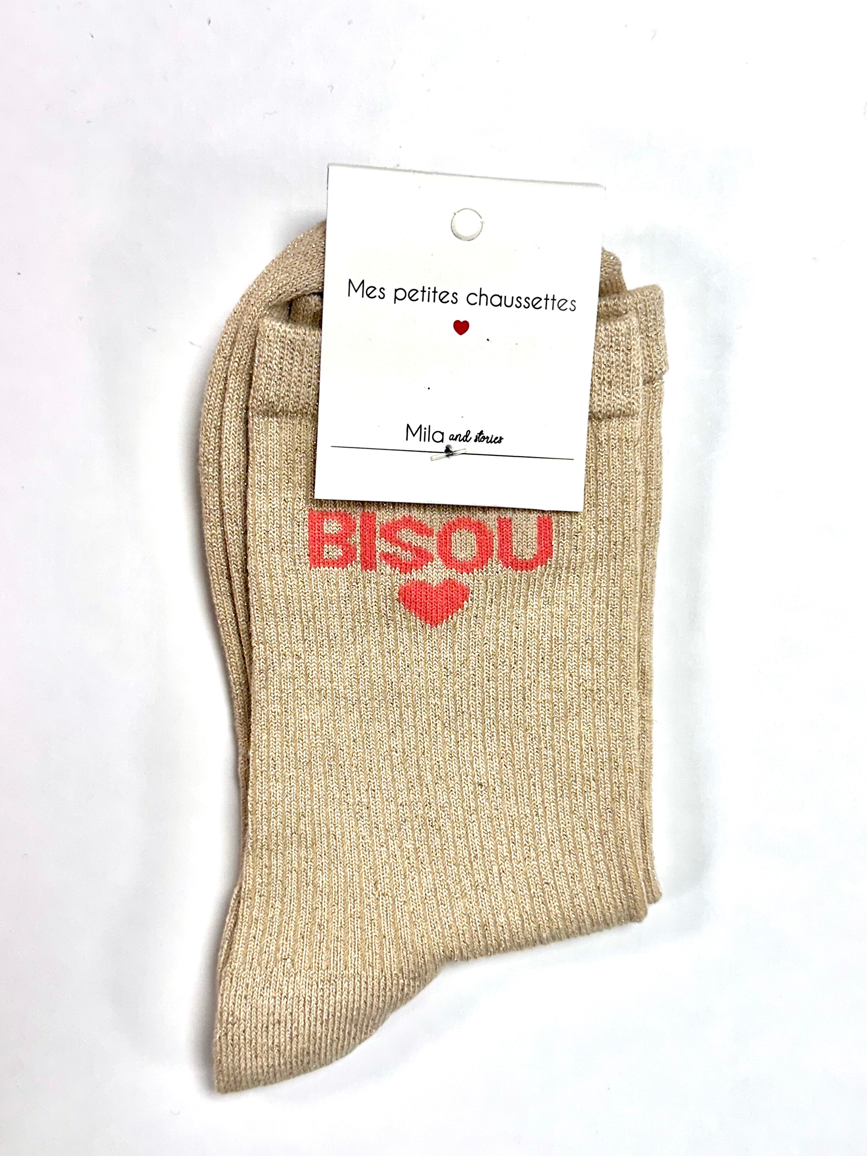 Chaussettes à paillettes « Bisous ❤️ » - Beige