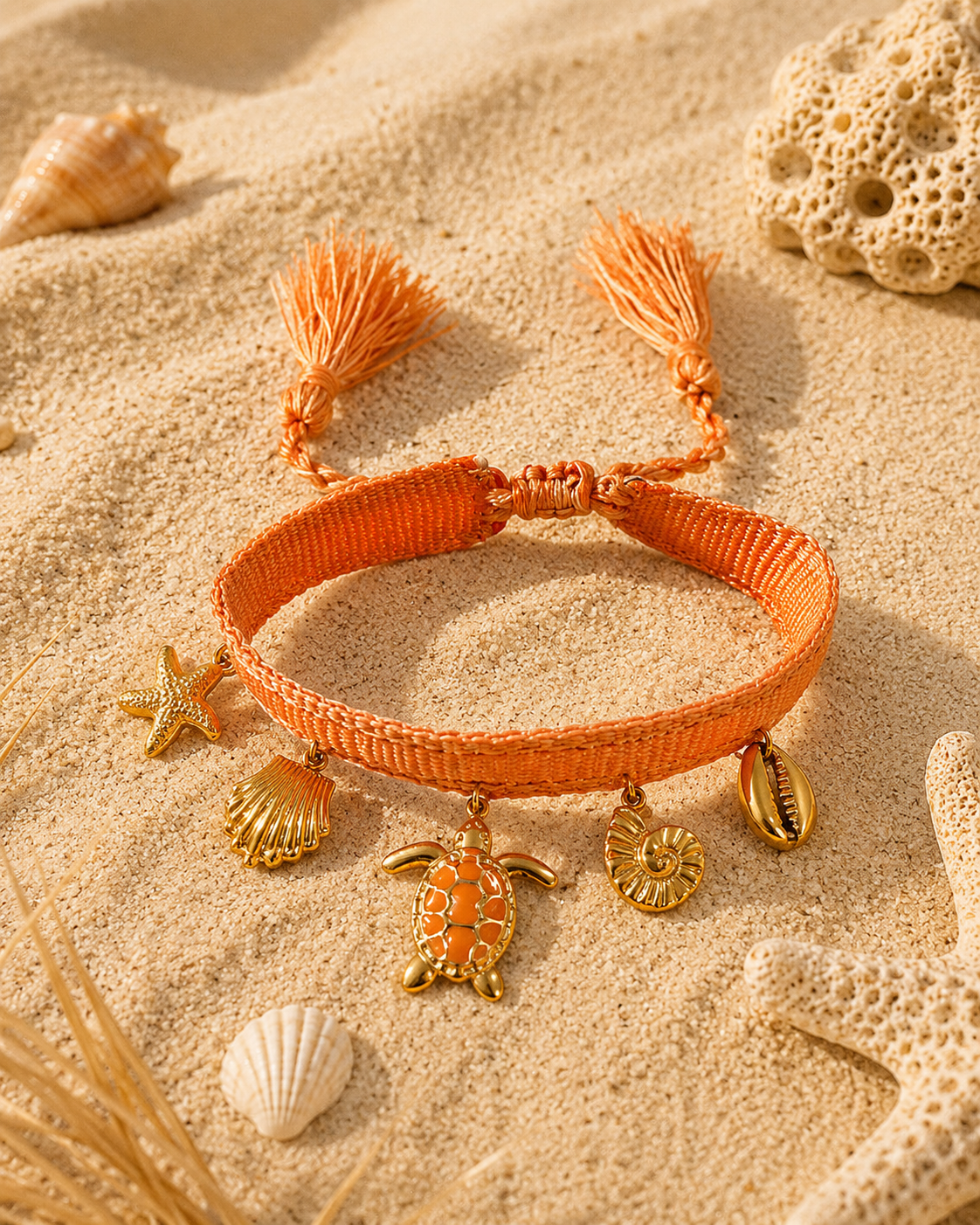Bracelets tissu réglable pampilles coquillage et tortue