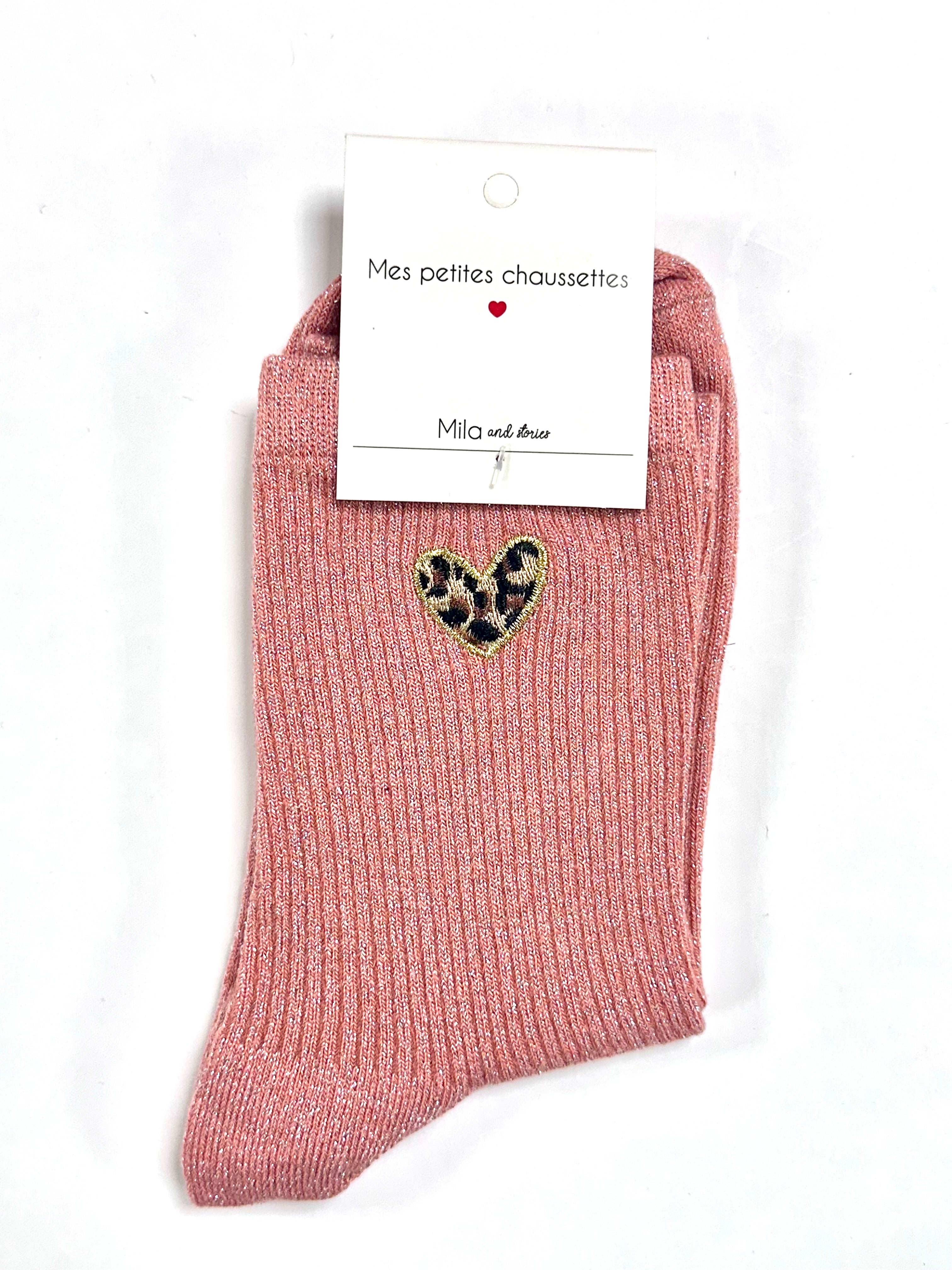 Chaussettes à paillettes « Cœur léopard » - Rose
