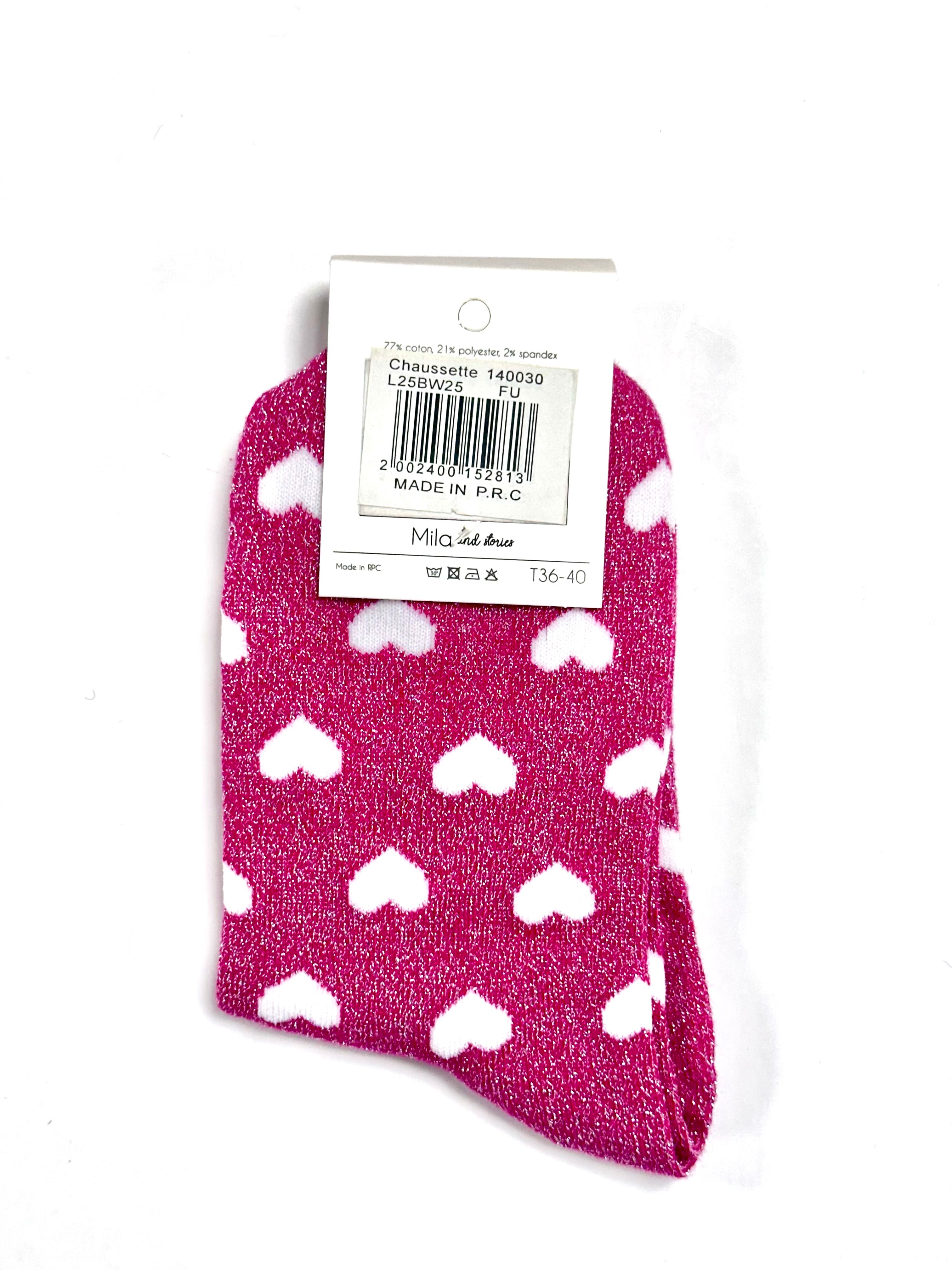 Chaussettes à paillettes « Love more (motifs cœur) » - Rose foncé