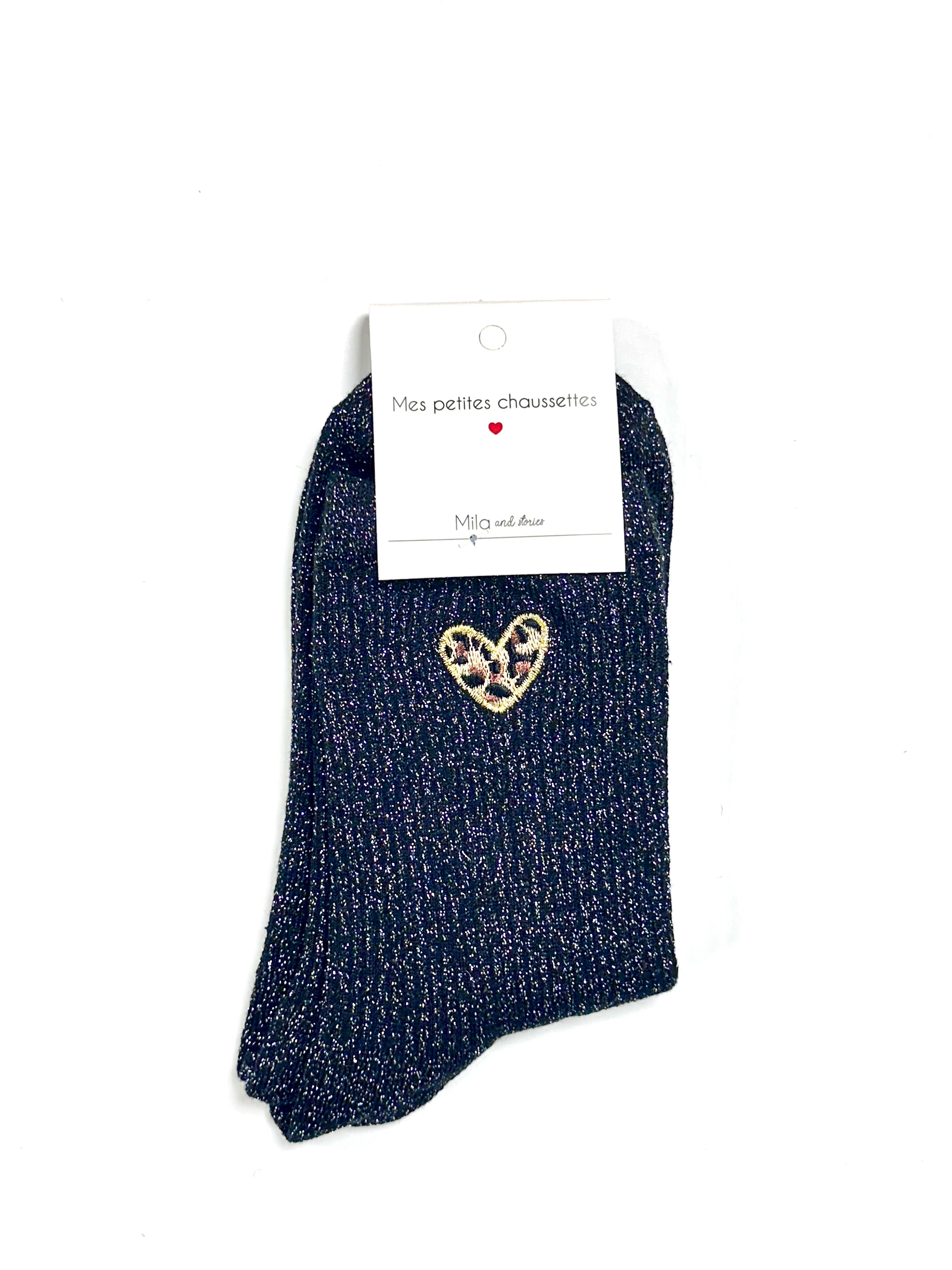 Chaussettes à paillettes « Cœur léopard » - Noir