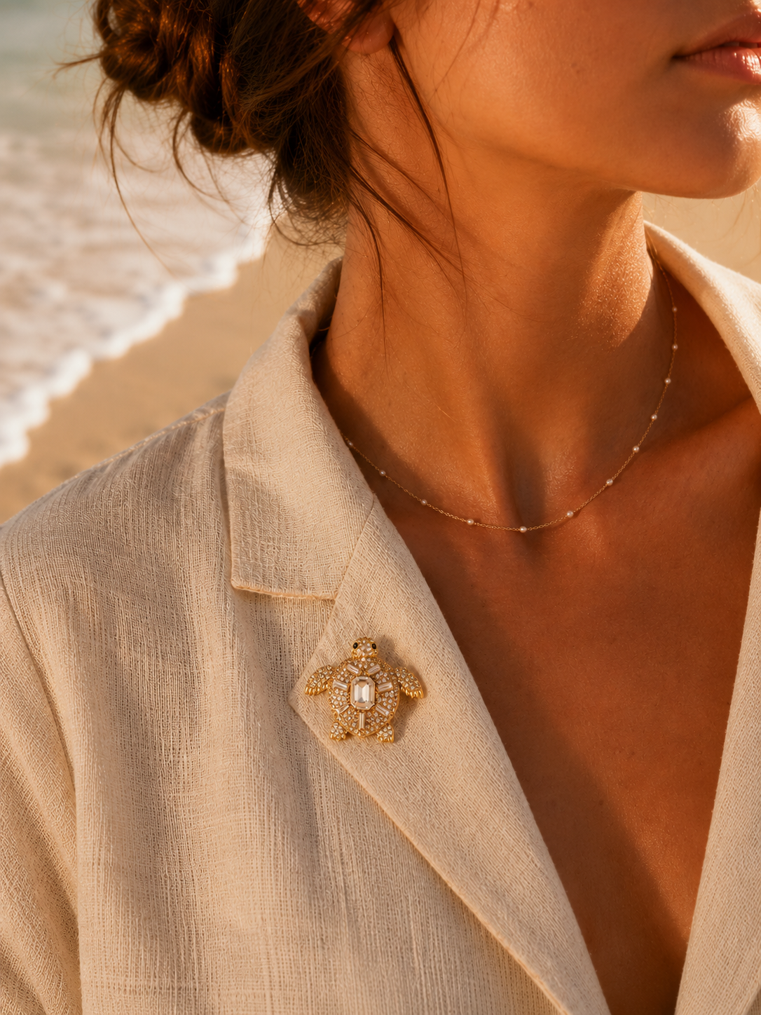 Broche Tortue Marine & Cristaux - Acier Inoxydable