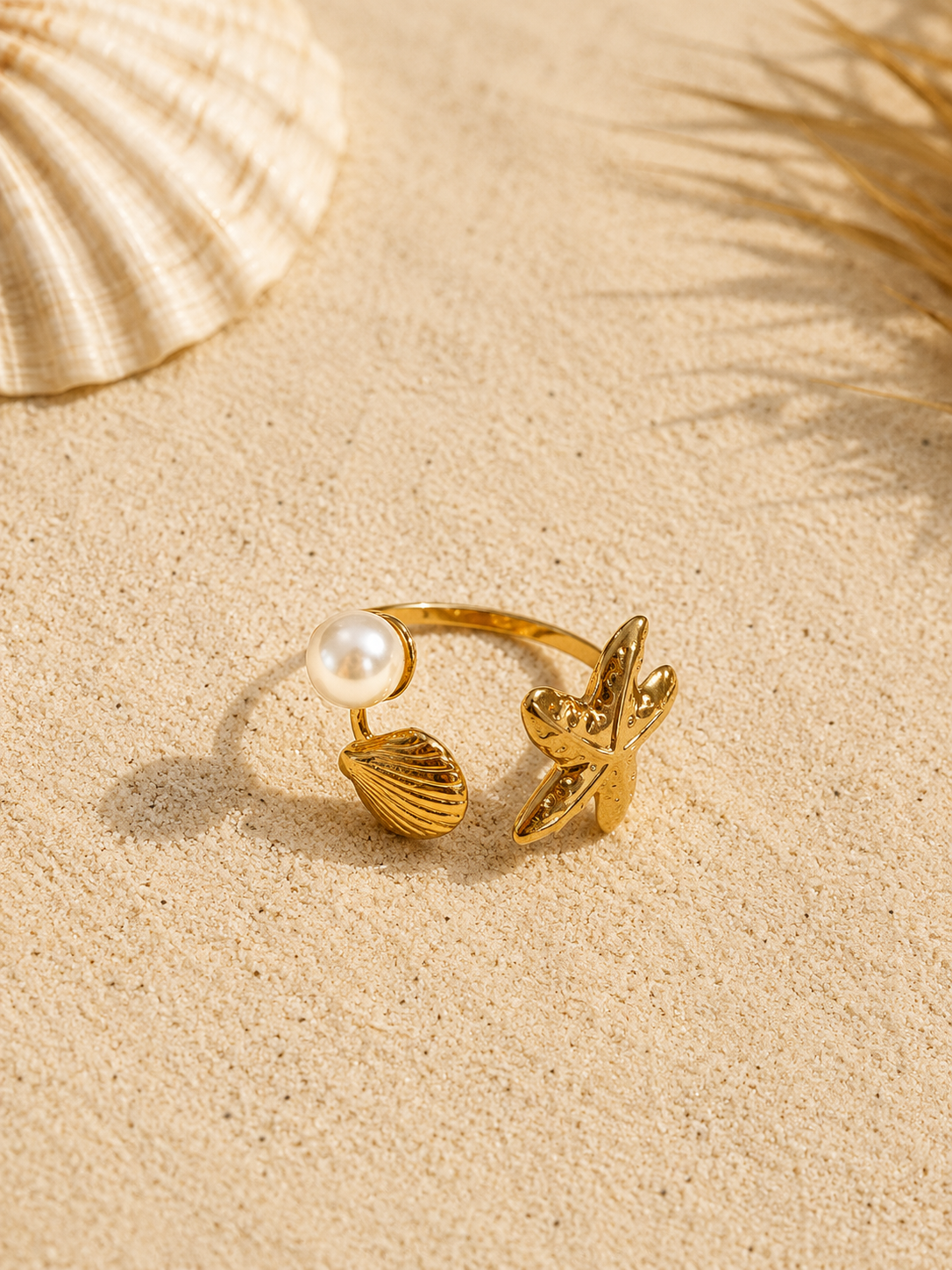 Bague coquillages et perle en acier inoxydable doré