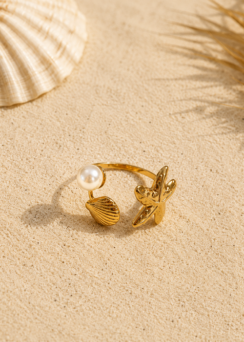Bague coquillages et perle en acier inoxydable doré