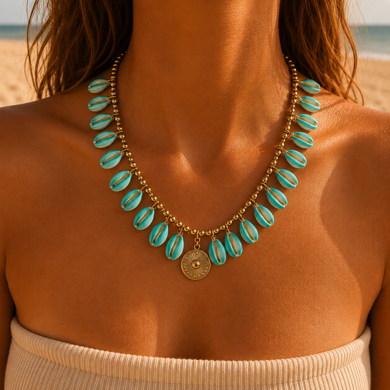Collier multiple breloques Cori bleu et blanc avec ex-voto