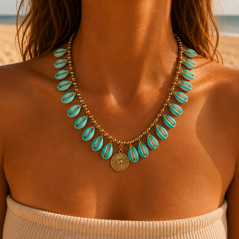 Collier multiple breloques Cori bleu et blanc avec ex-voto
