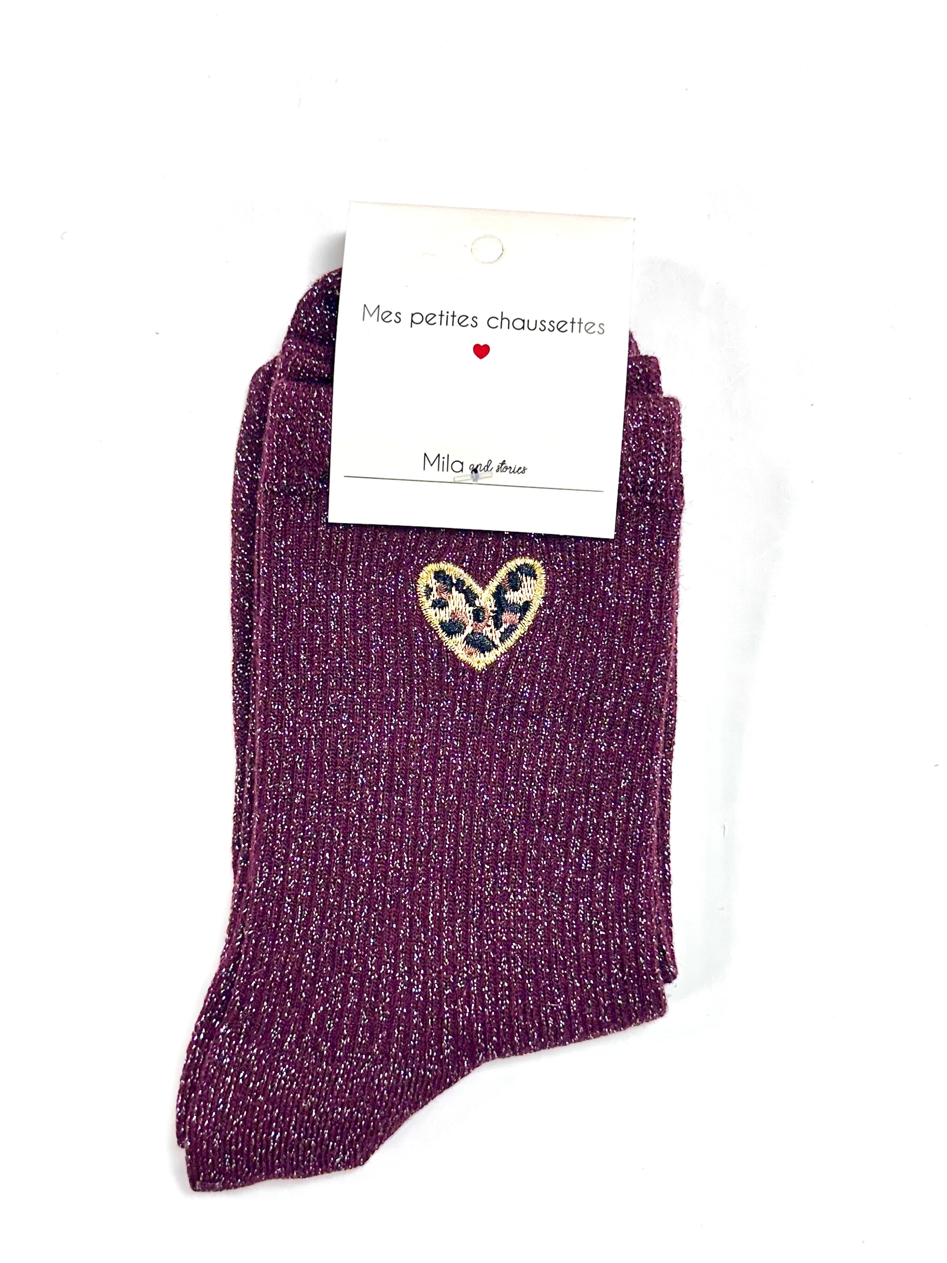 Chaussettes à paillettes « Cœur léopard » - Bordeaux