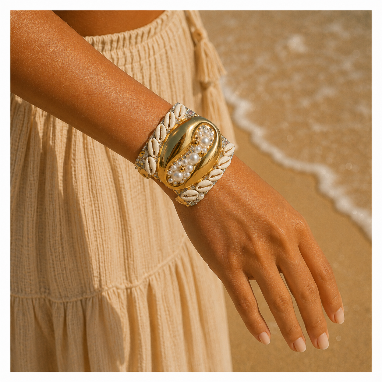 Bracelet Manchette Coquillage & Perles - Acier Inoxydable