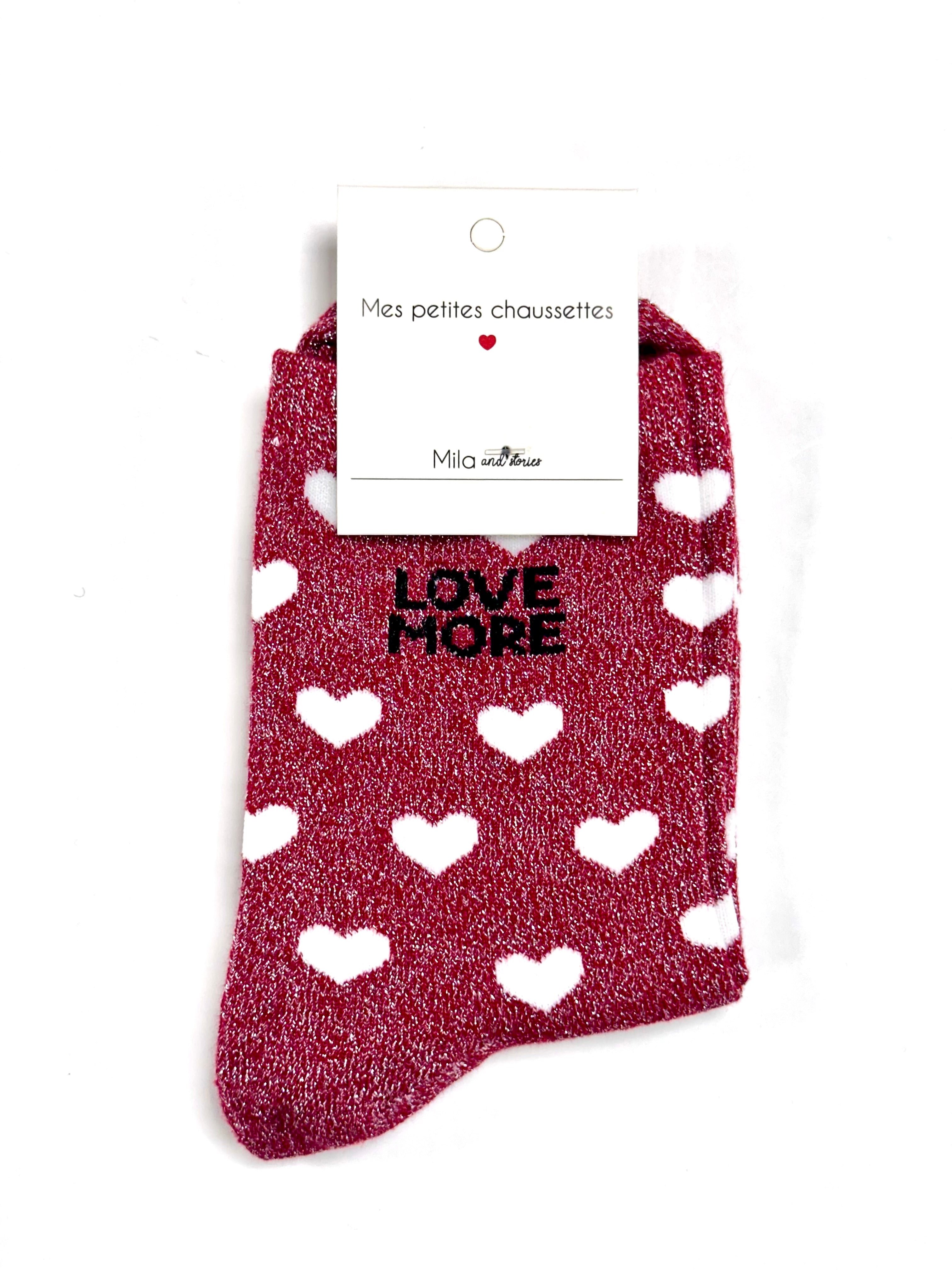 Chaussettes à paillettes « Love more (motifs cœur) » - Rouge