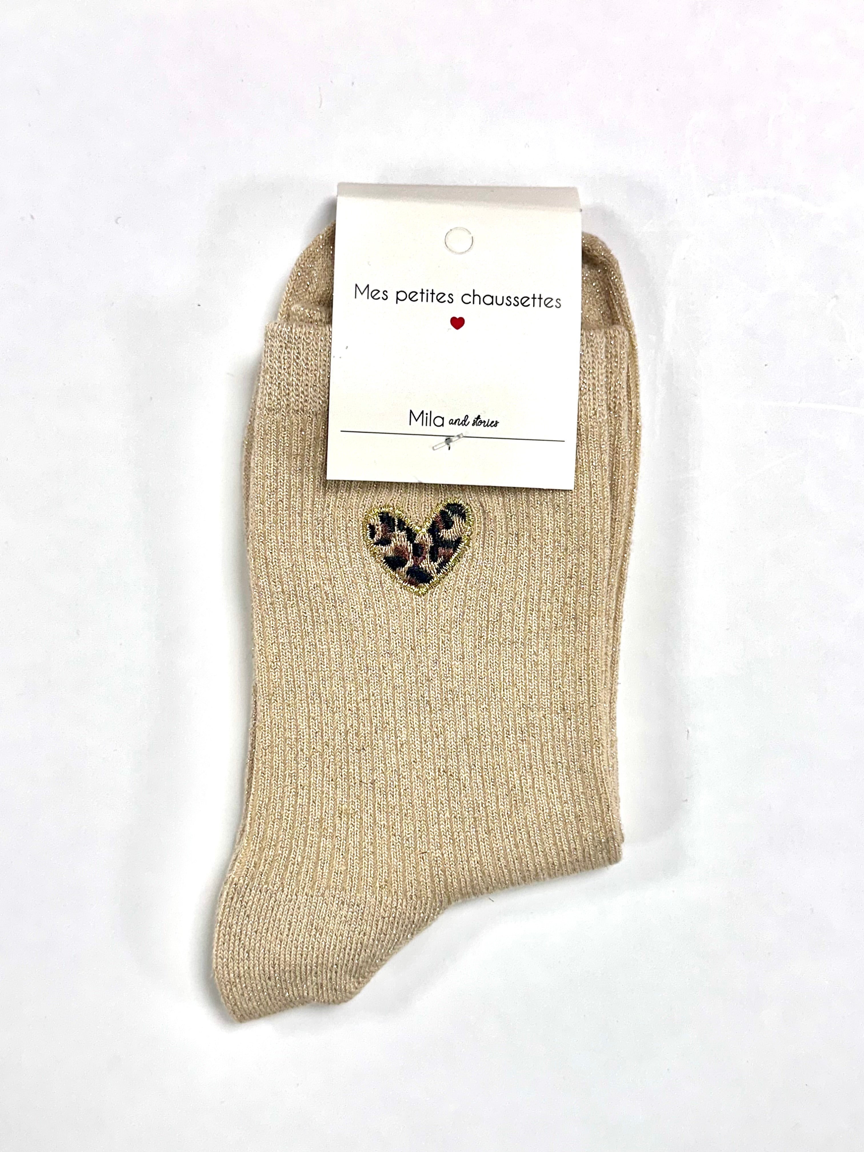 Chaussettes à paillettes « Cœur léopard » - Beige