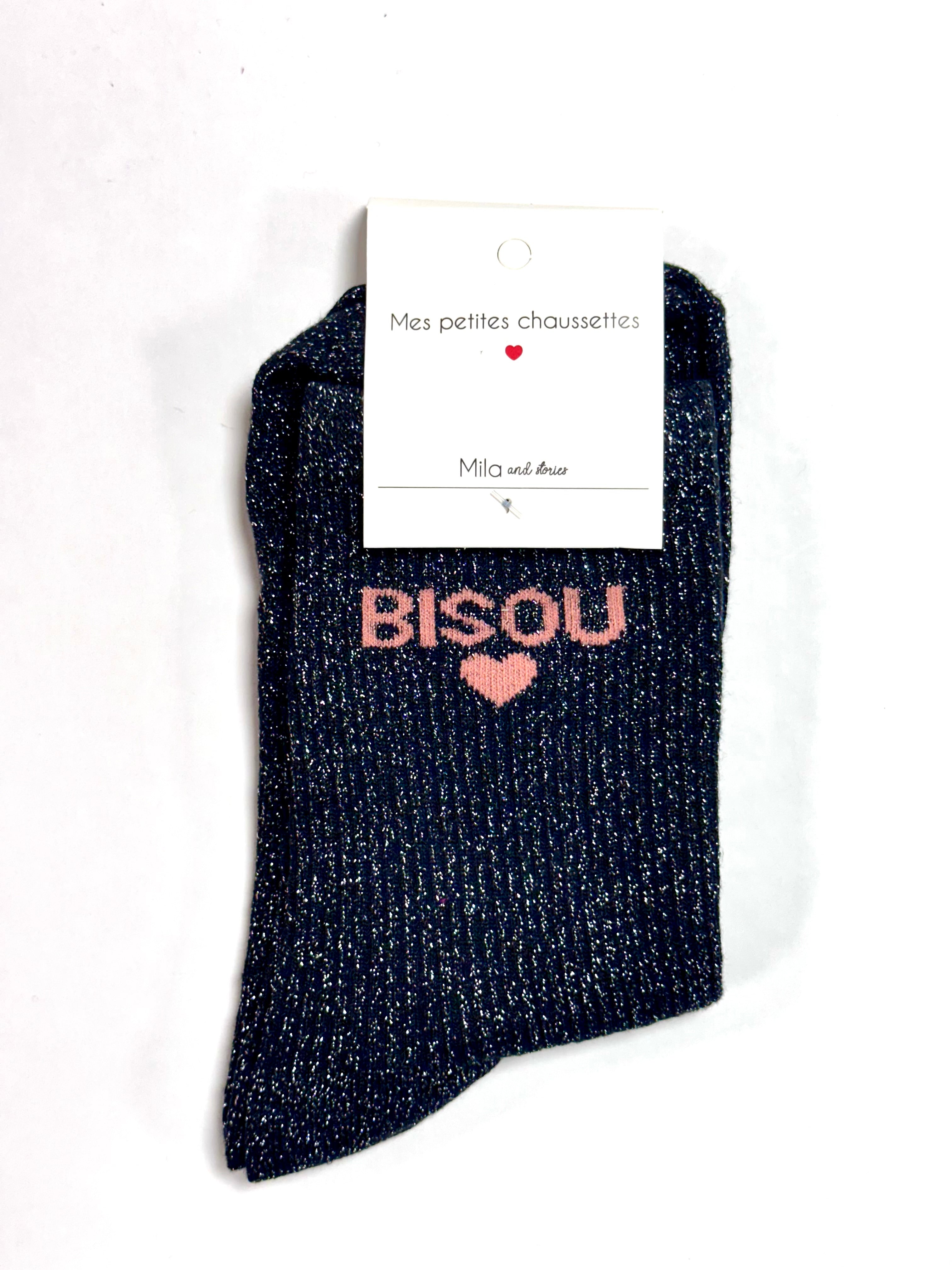 Chaussettes à paillettes « Bisous ❤️ » - Noir