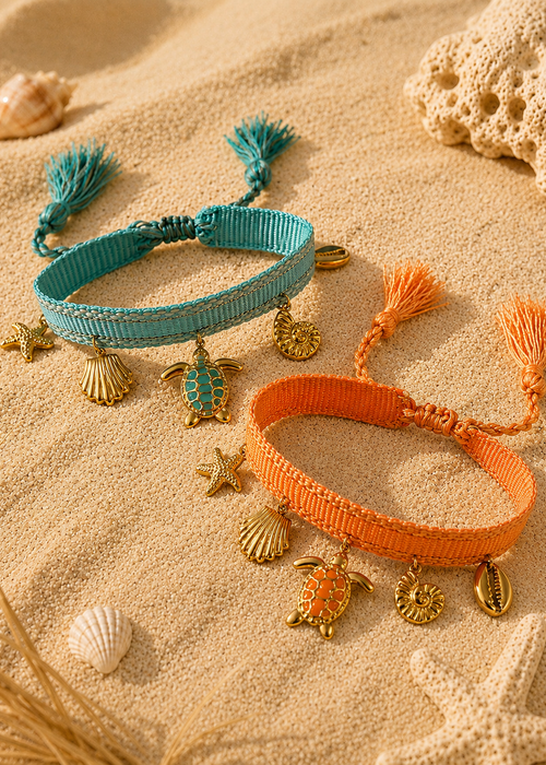 Bracelets tissu réglable pampilles coquillage et tortue
