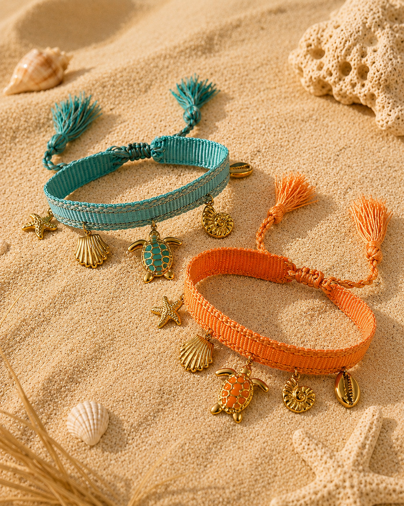Bracelets tissu réglable pampilles coquillage et tortue