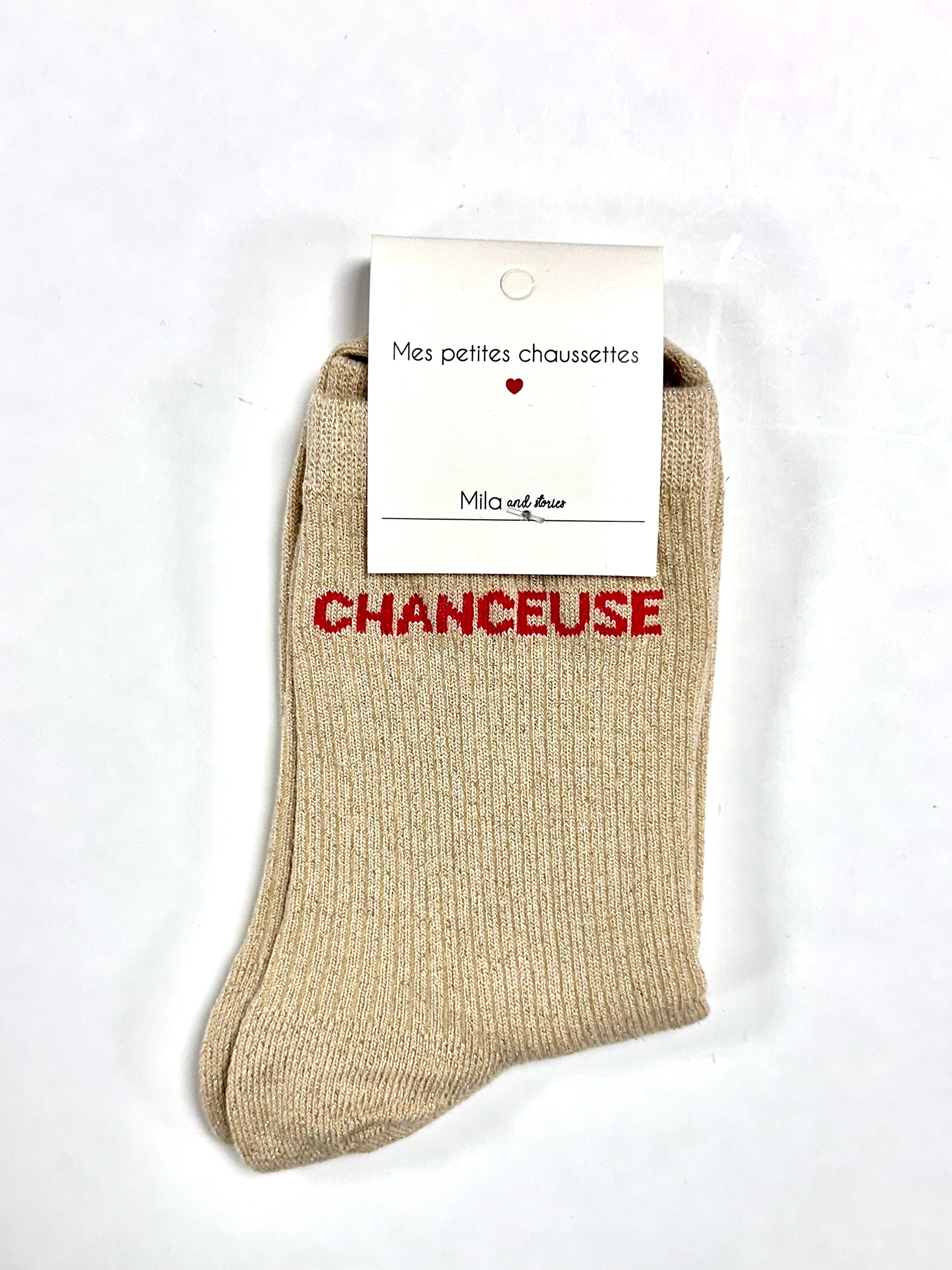 Chaussettes à paillettes « Chanceuse » - Beige