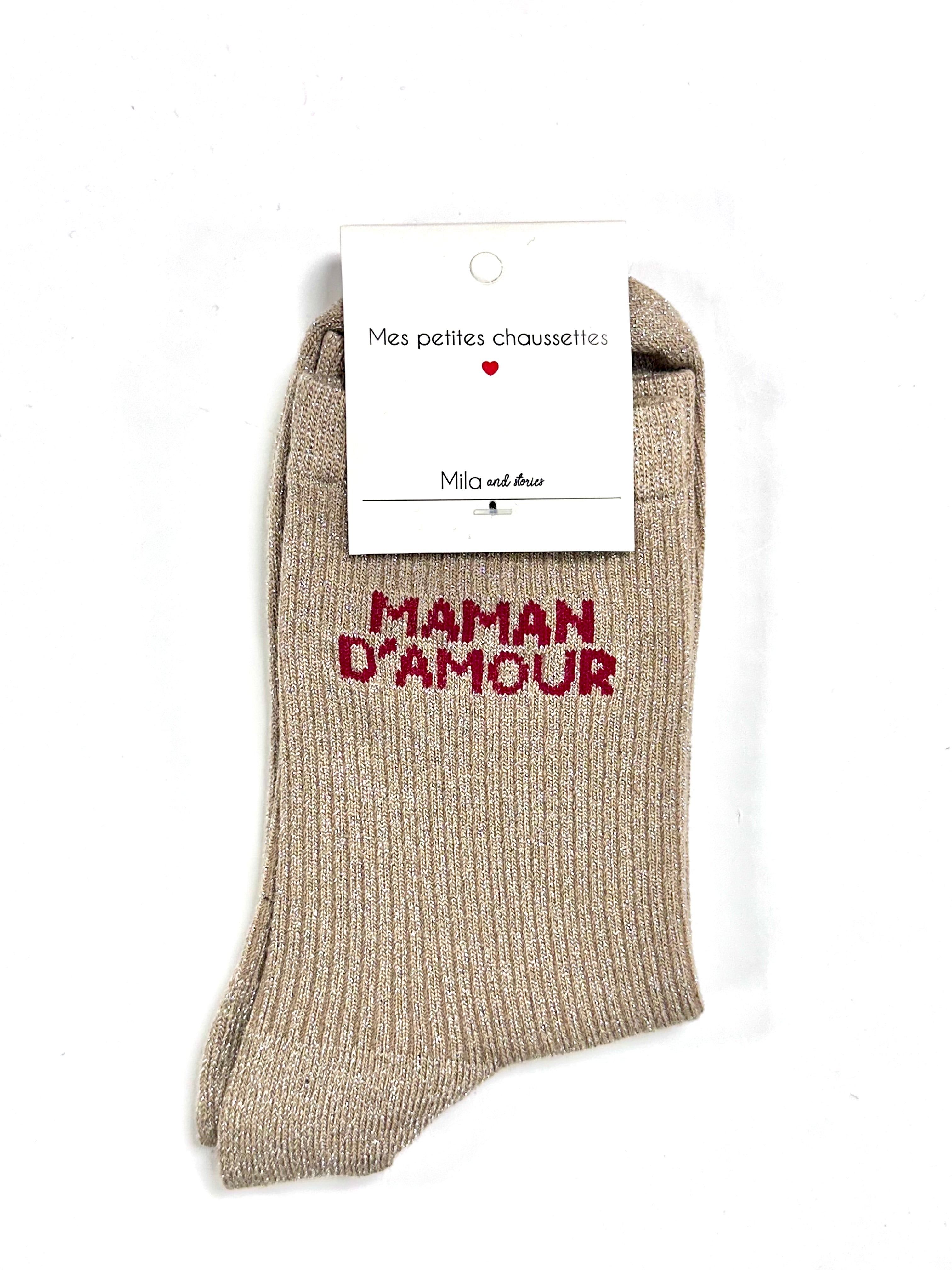 Chaussettes à paillettes « Maman d’amour » - Taupe