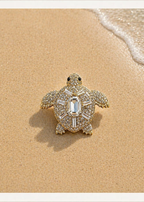 Broche Tortue Marine & Cristaux - Acier Inoxydable