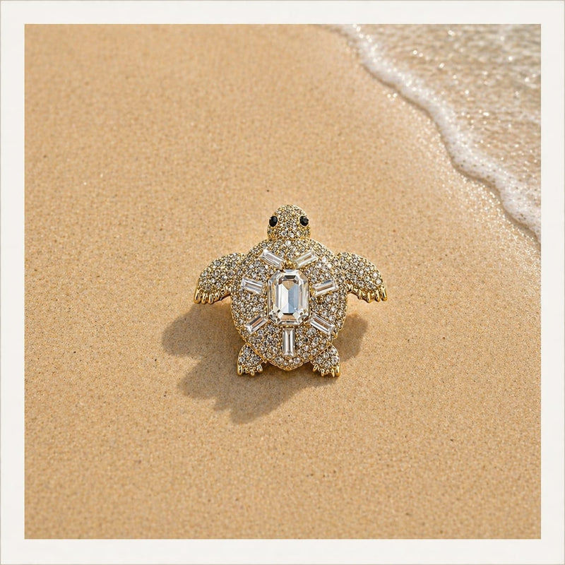 Broche Tortue Marine & Cristaux - Acier Inoxydable