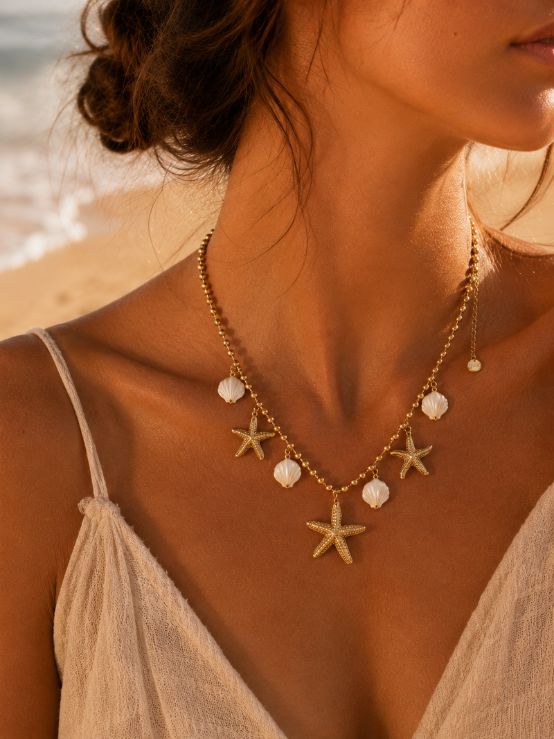 Collier pampille en acier inoxydable coquillages et étoiles de mer