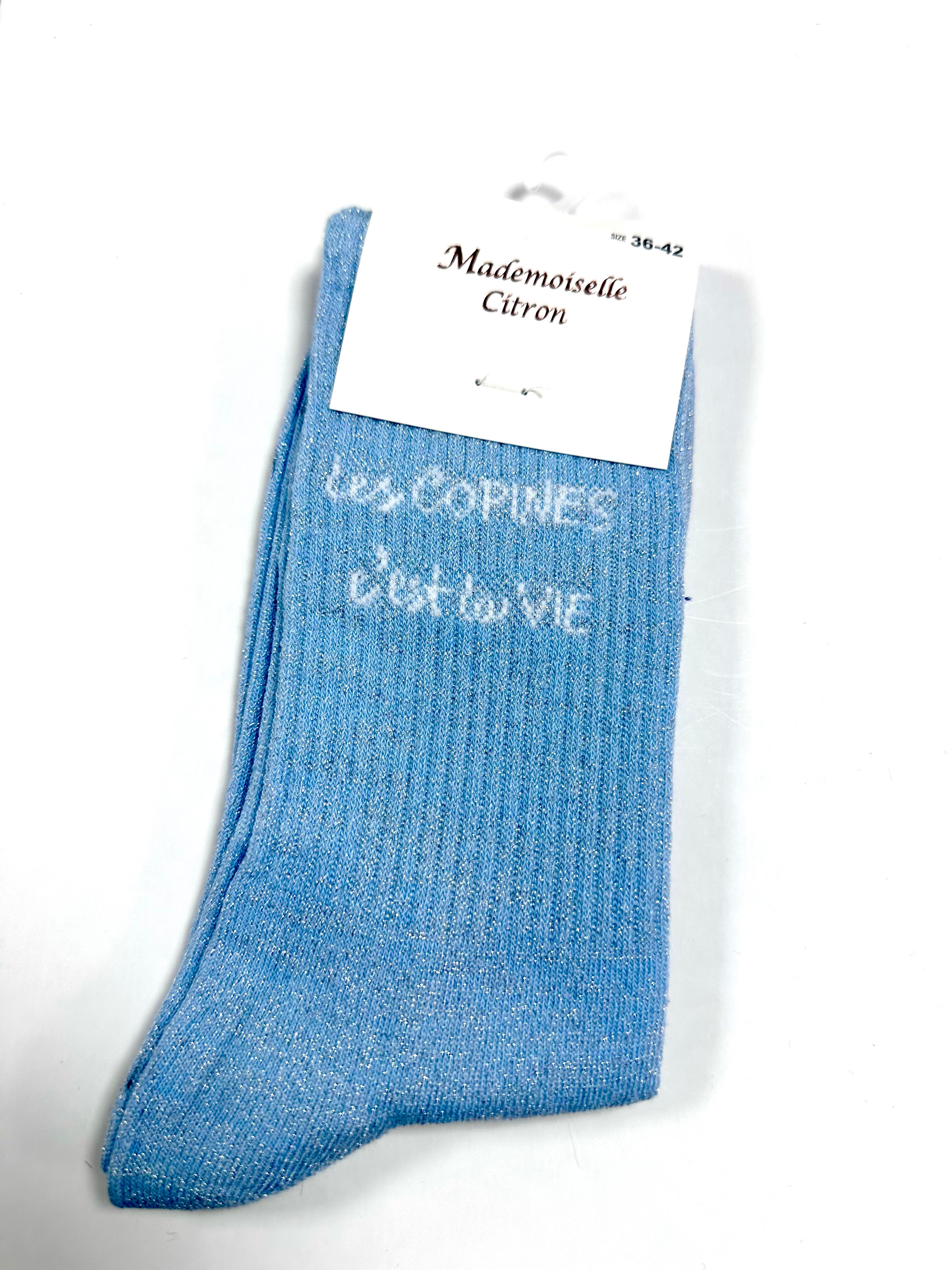 Chaussettes à Paillettes - Les copines c’est la vie (Bleu clair)