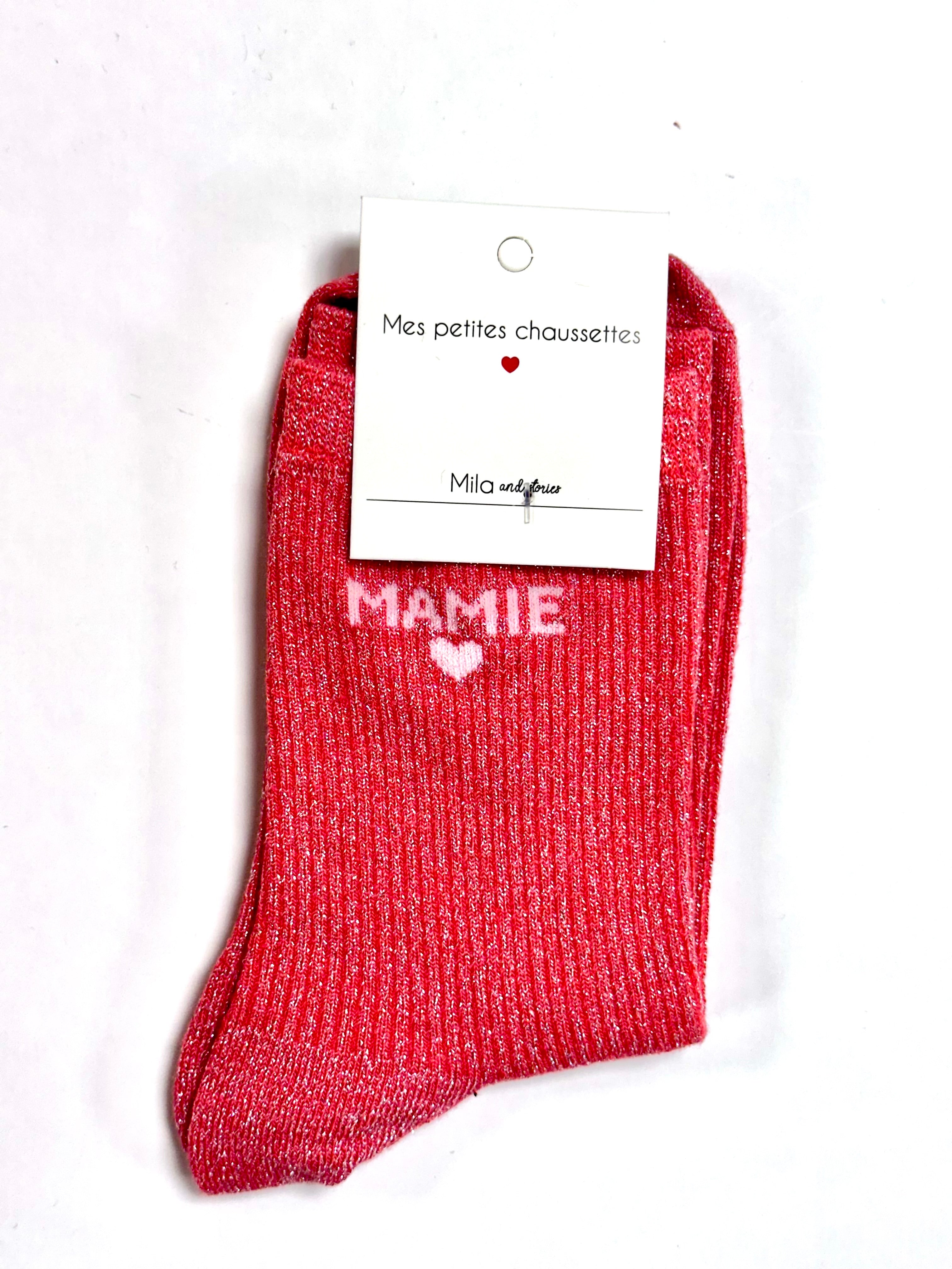 Chaussettes à paillettes « Mamie » - Rose