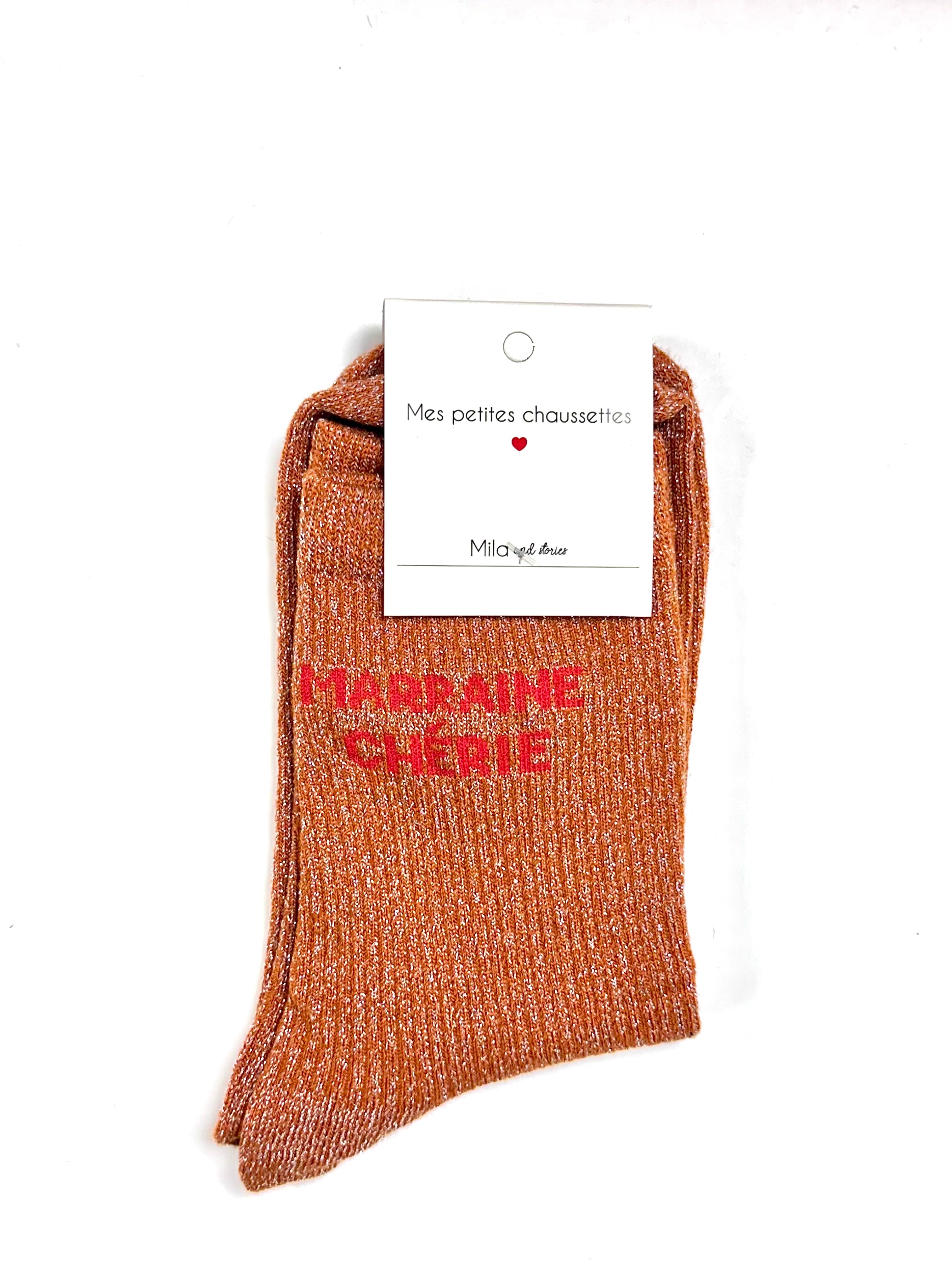 Chaussettes à paillettes « Marraine chérie » - Orange