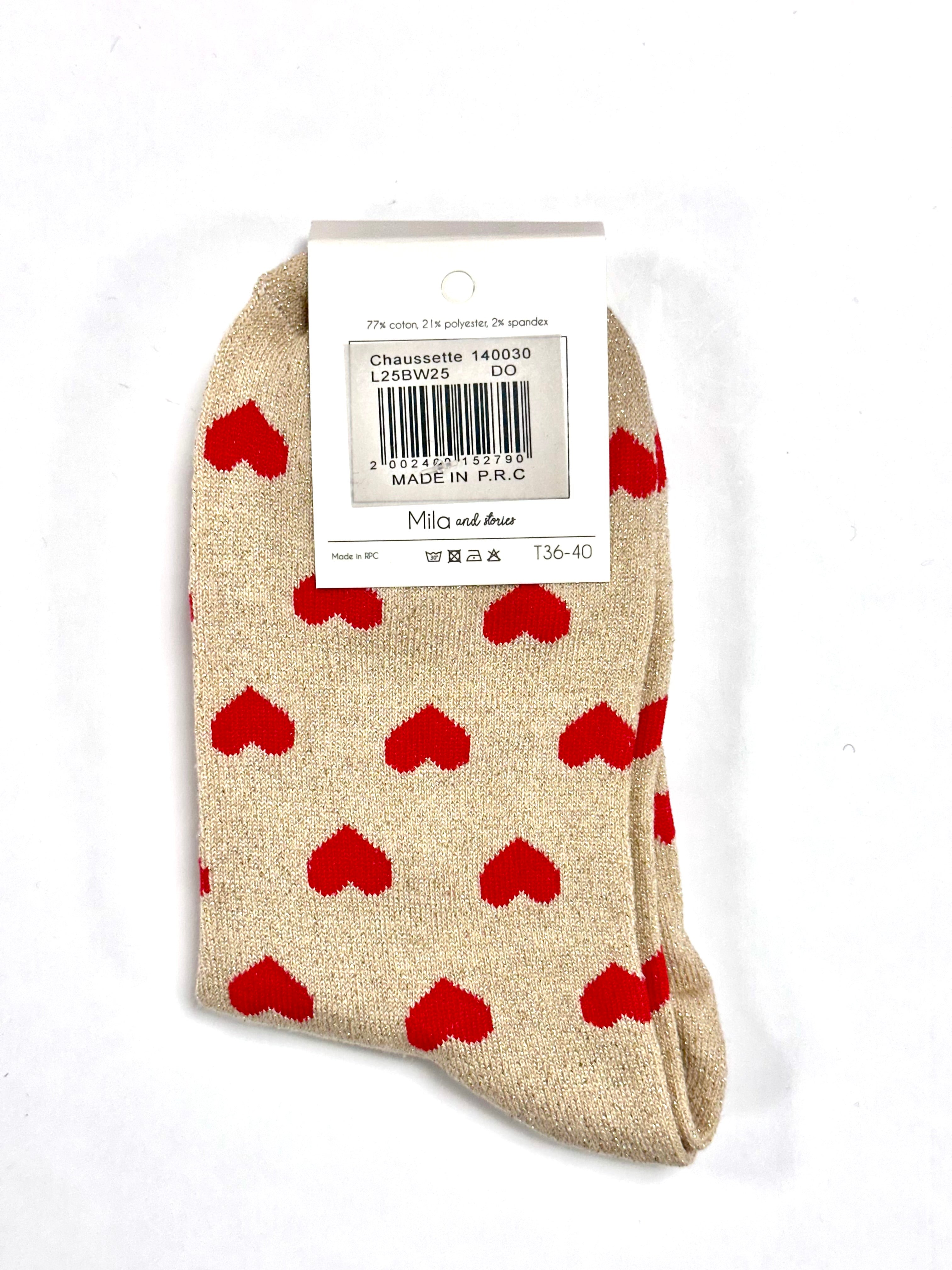 Chaussettes à paillettes « Love more (motifs cœur) » - Beige