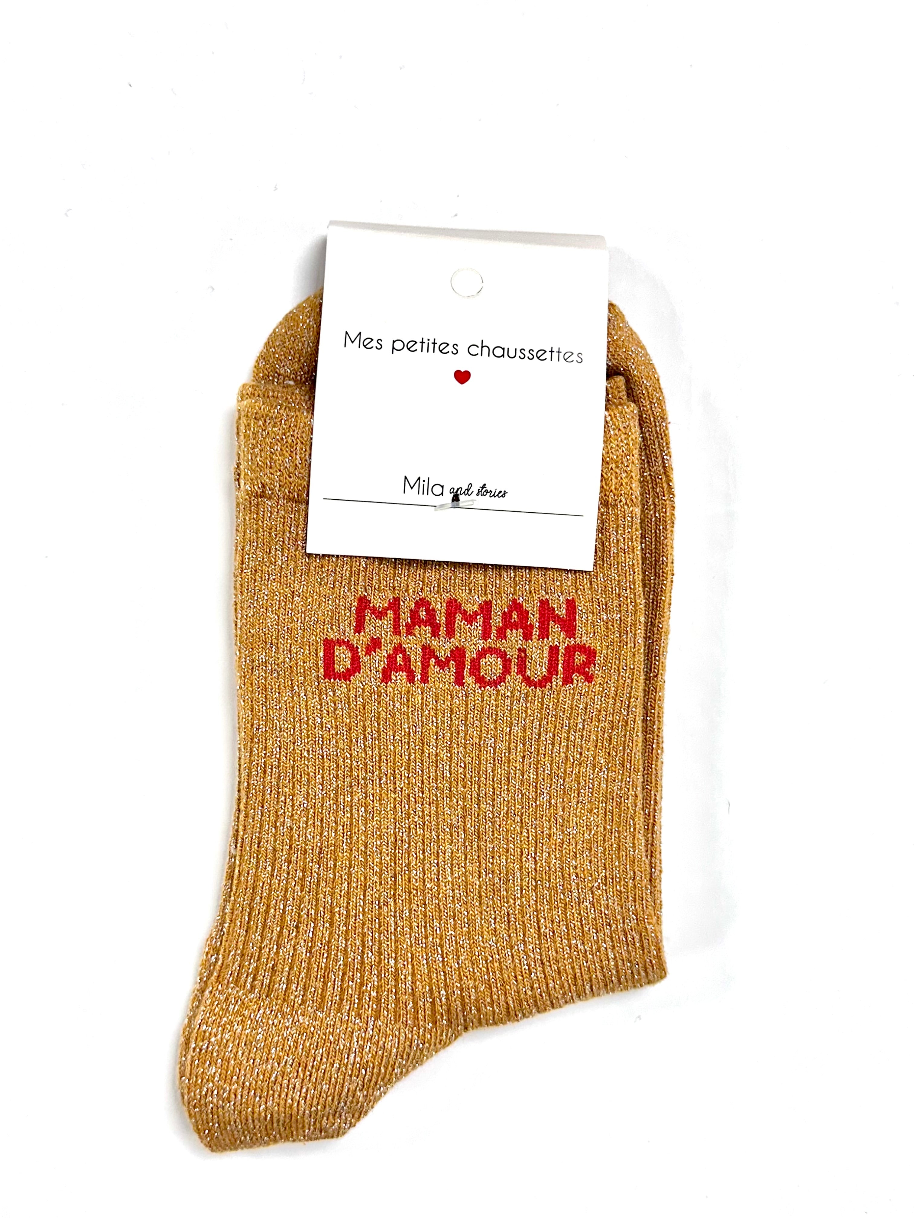 Chaussettes à paillettes « Maman d’amour » - Jaune