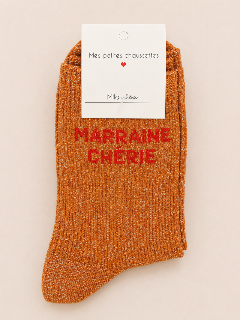 Chaussettes à paillettes « Marraine chérie » - Orange