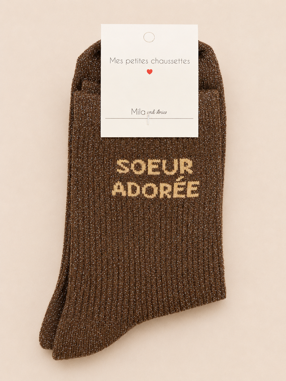 Chaussettes à paillettes « Sœur adorée » - Marron