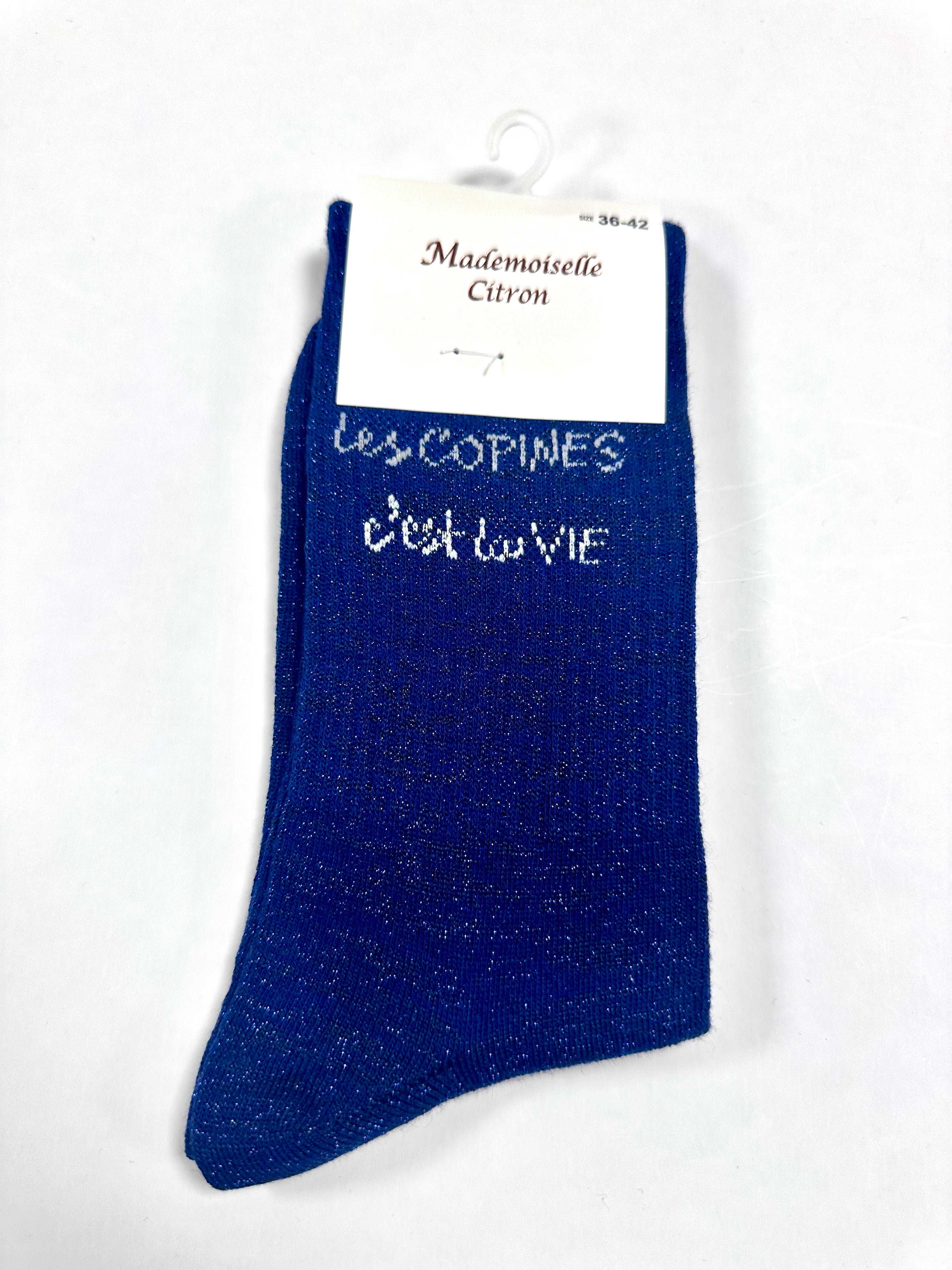 Chaussettes à Paillettes - Les copines c’est la vie (Bleu foncé)