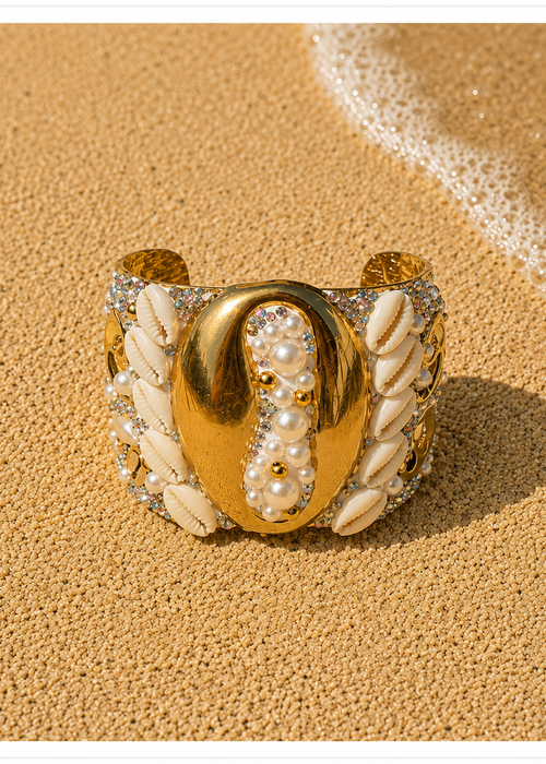 Bracelet Manchette Coquillage & Perles - Acier Inoxydable