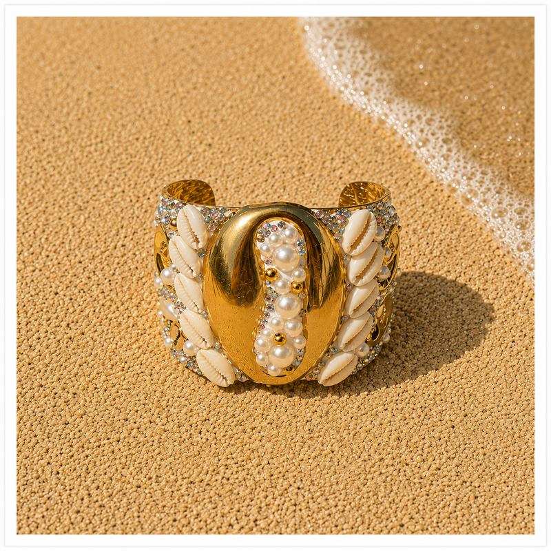 Bracelet Manchette Coquillage & Perles - Acier Inoxydable