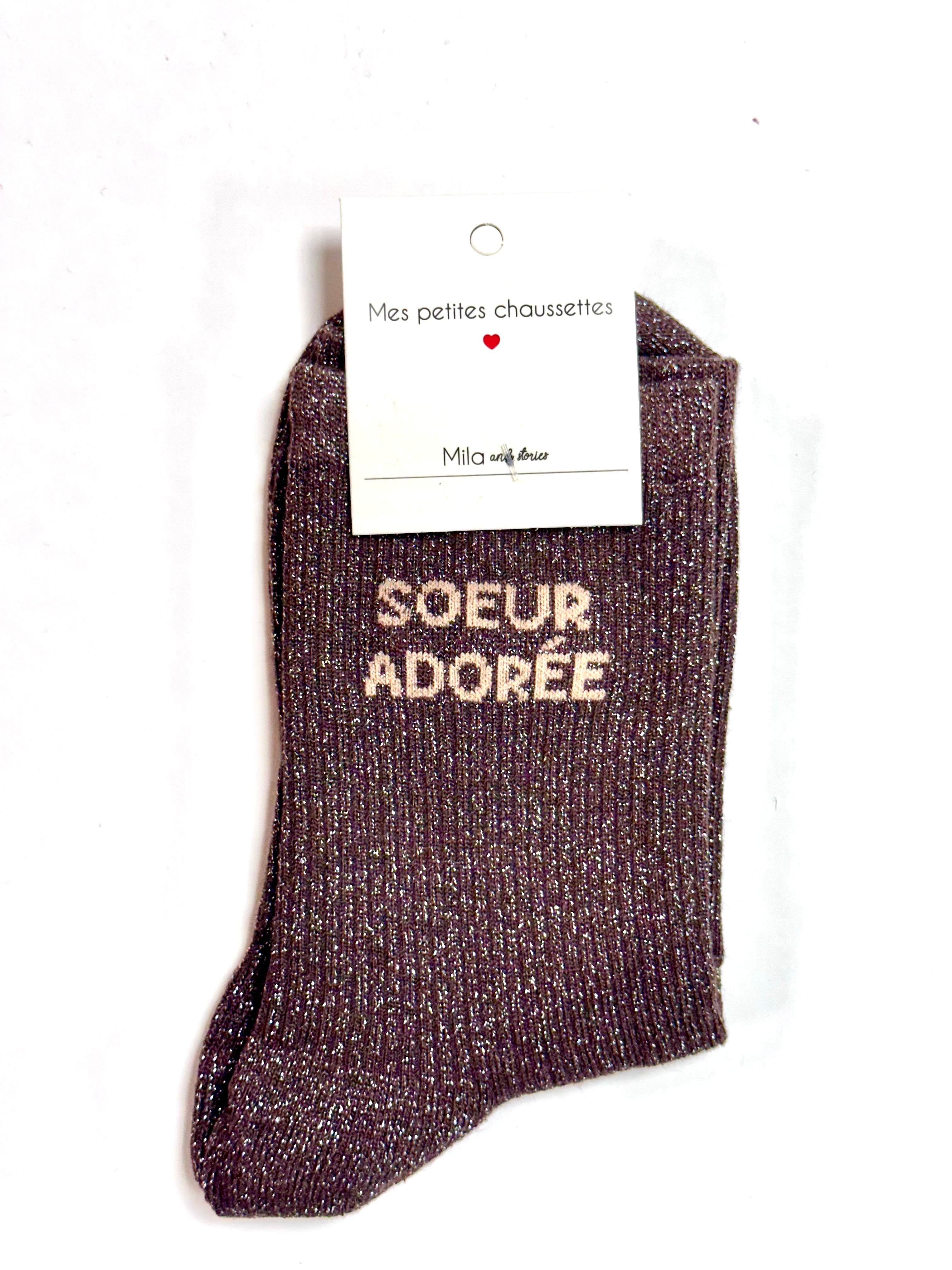 Chaussettes à paillettes « Sœur adorée » - Marron