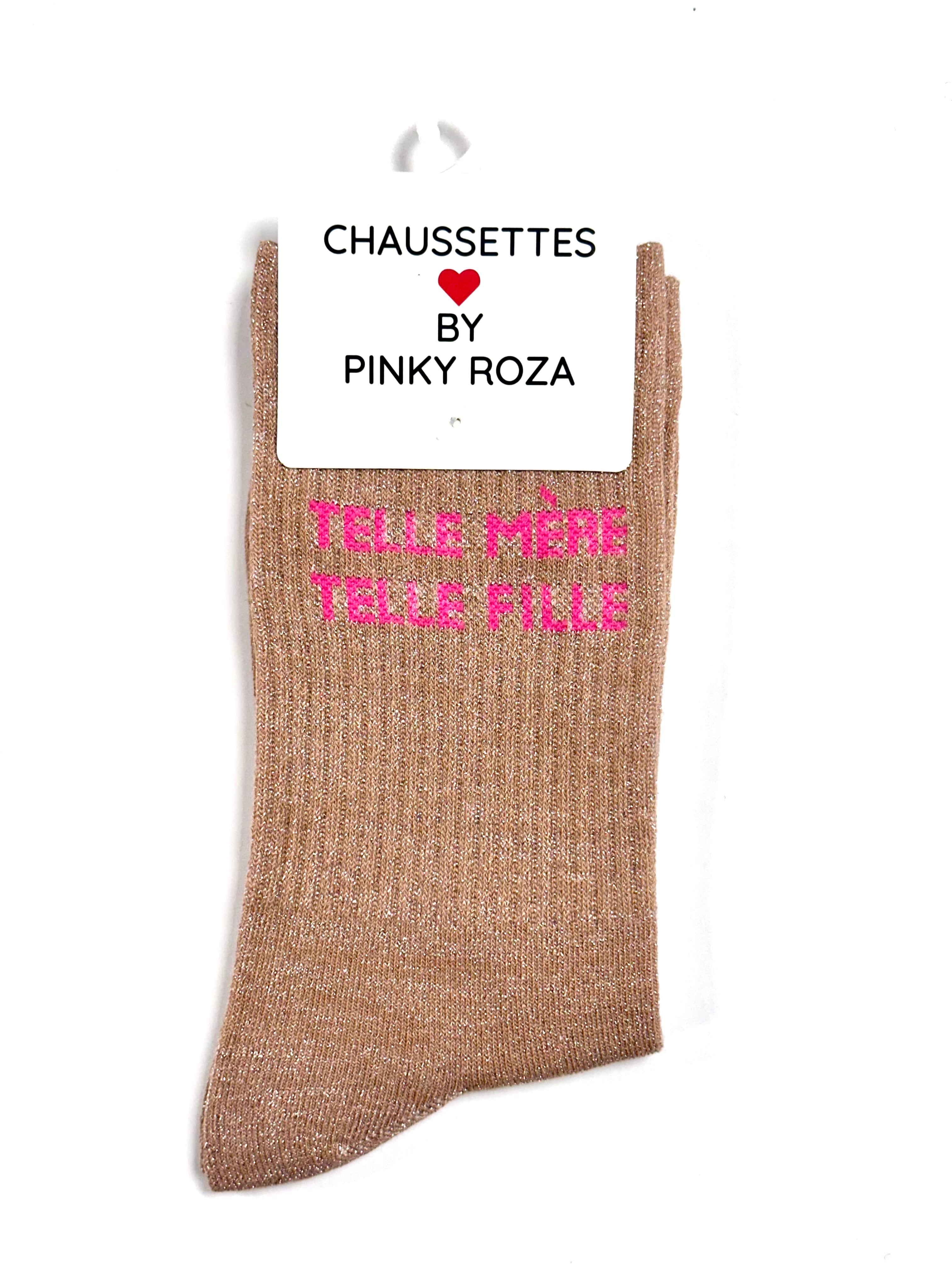 Chaussettes à paillettes « Telle mère telle fille » - Rose pâle