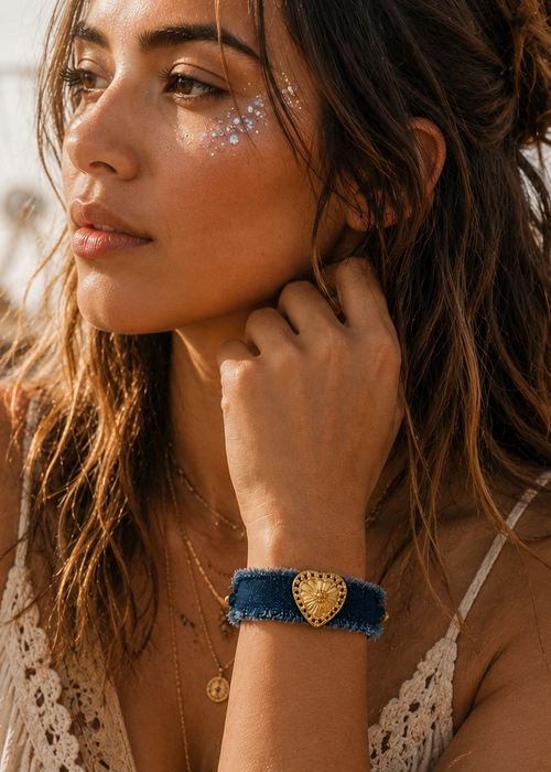 Bracelet Tissus Bleu Foncé et Cœur