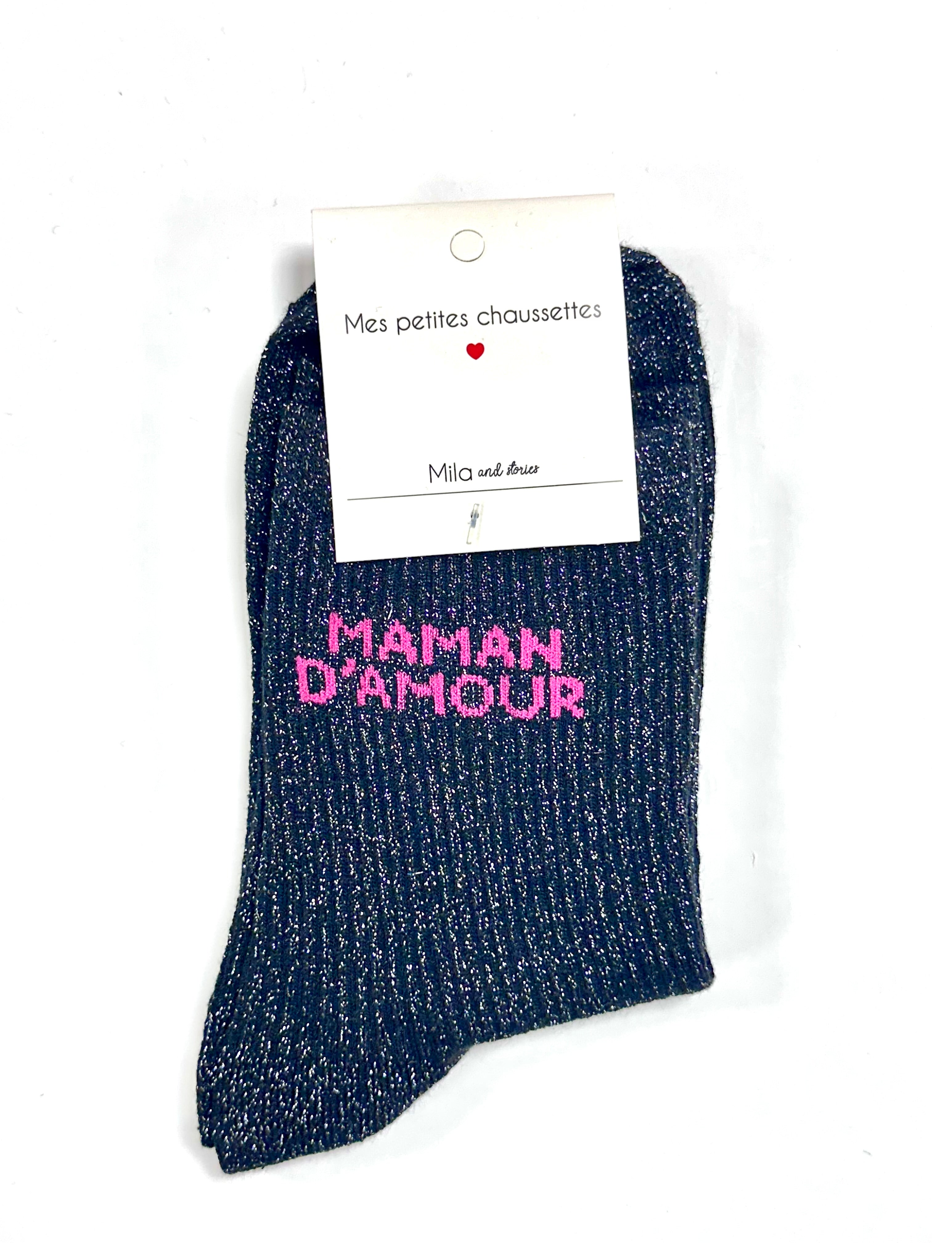 Chaussettes à paillettes « Maman d’amour » - Noir