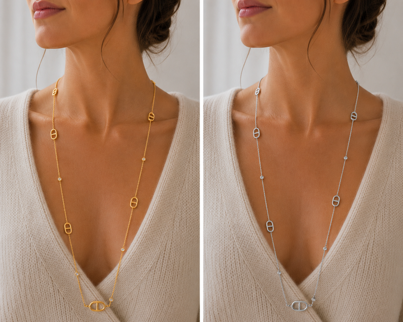 Sautoir « Maille Marine » fin et strass