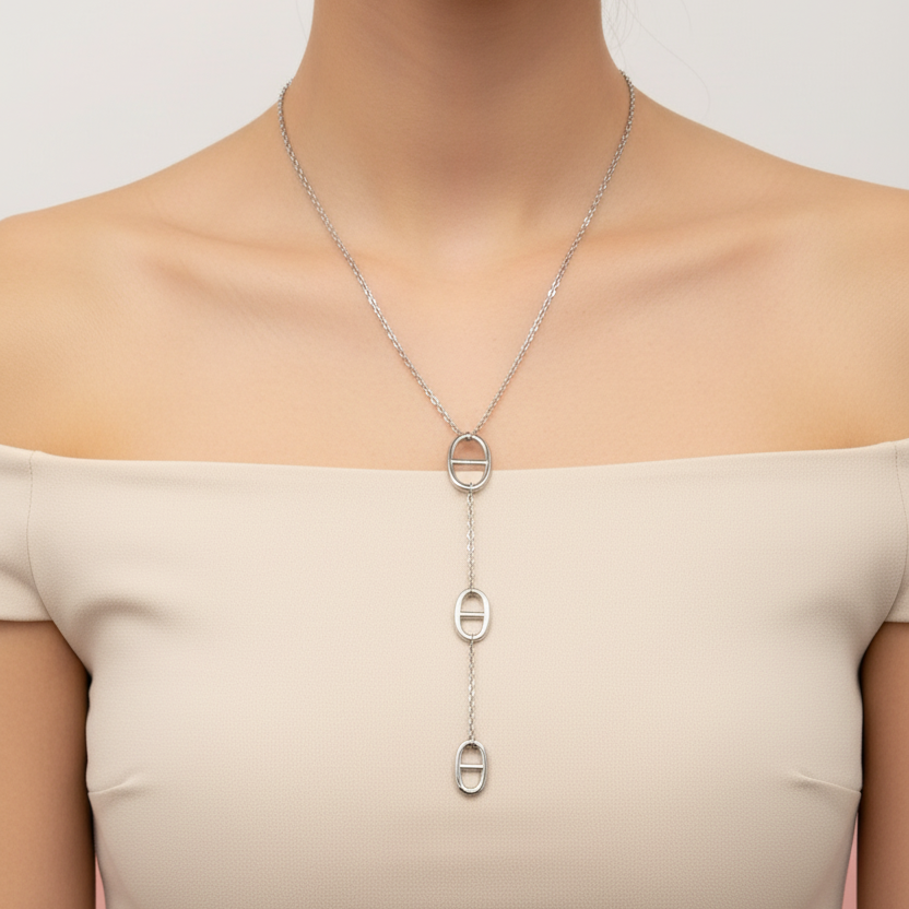 Sautoir triple maille marine argenté